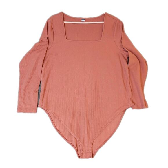 Old Navy 3X Ribbed Long Sleeve Square Neck Pink Bodysuit Full Coverage NWOT - Picture 1 of 8